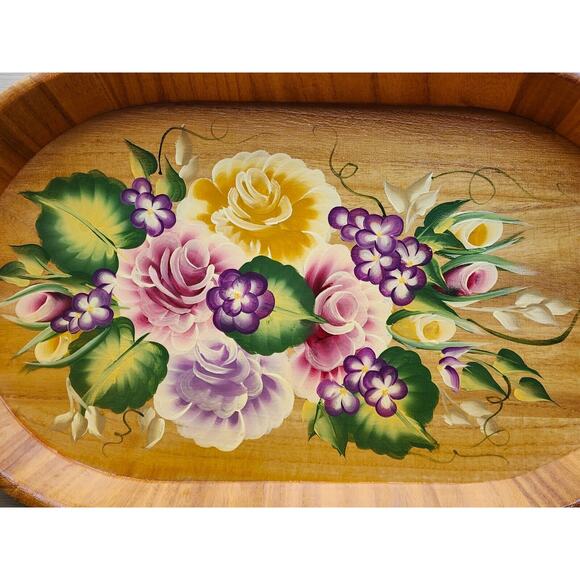 TRAY-WOODEN-HAND PAINTED-Floral-Lightweight-Artist-Bright Colors-18 in X 10 in - Picture 6 of 12